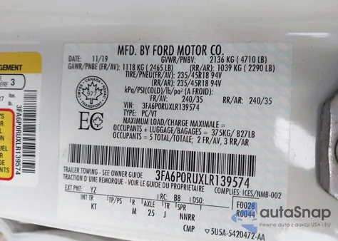 2020 Ford Fusion Hybrid Titanium z USA, uszkodzony, nr VIN 3FA6P0RUXLR139574